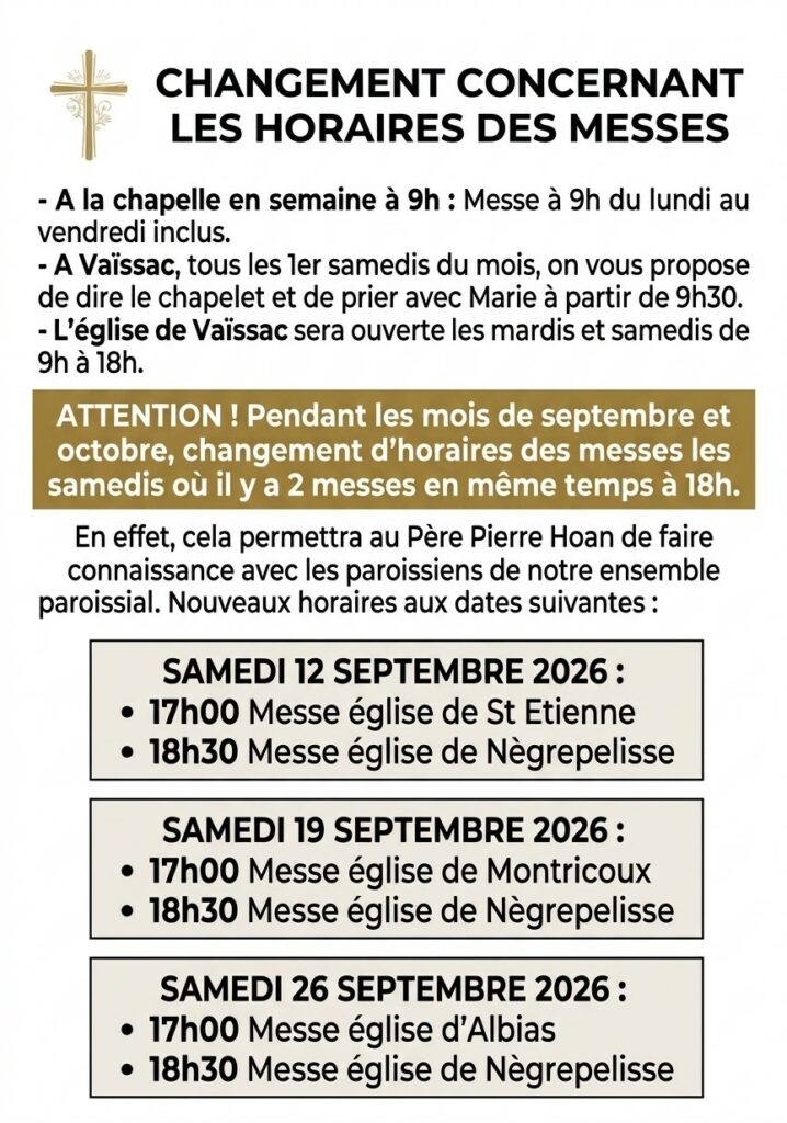 CHangement horaires de messes